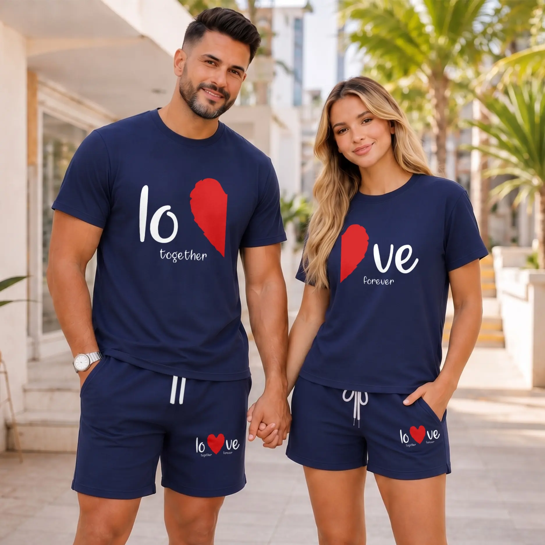 Couples’ Love Heart Graphic Short Sleeve T-Shirt and Shorts Set, Casual Summer Matching Two-Piece Outfit with Crew Neck Tops and Drawstring Shorts for Daily Wear