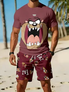 Men's 3D Digital Printed Two-Piece Set with Big Mouth Cute Monster Pattern, 2Pcs, Trendy & Stylish Outfit, Retro Casual Two-Piece Suit, Vacation-Style Fashion Wear, Breathable Sports Casual Style, an Ideal Festival Gift for Men