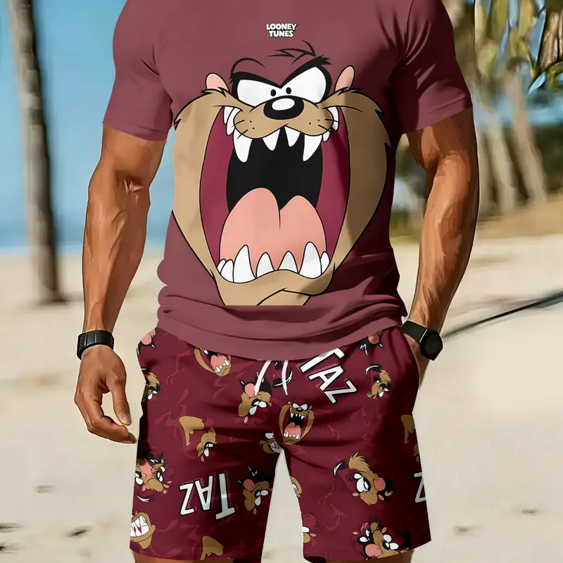 Men's 3D Digital Printed Two-Piece Set with Big Mouth Cute Monster Pattern, 2Pcs, Trendy & Stylish Outfit, Retro Casual Two-Piece Suit, Vacation-Style Fashion Wear, Beach Set Print, Breathable Sports Casual Style, an Ideal Festival Gift for Men