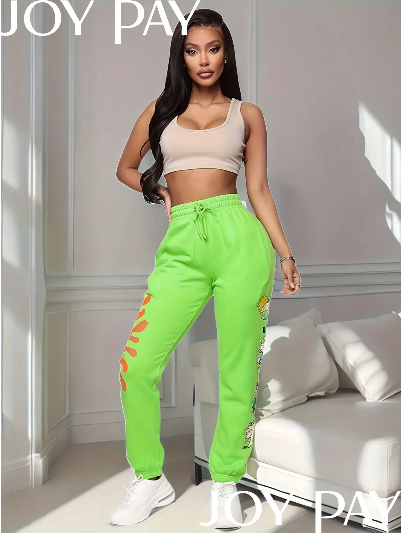 JOYPAY Women's Neon Green Graphic Print Athleisure Pants, Comfortable Fitted Bottoms with Elastic Waistband for Workouts, Trendy, Activewear, Sports Clothes, Casual, Style, Fashion, Breathable, Women's Fashion, Sportswear