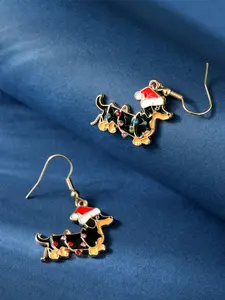 [Christmas Dachshund Earrings] Christmas Golden-Tone 1 Pair Cute Animal Theme Cartoon Dachshund Drop Earring Earrings for Women | Festive Santa Hat & Scarf Design, Winter Holiday Party Jewelry Gift Accessories
