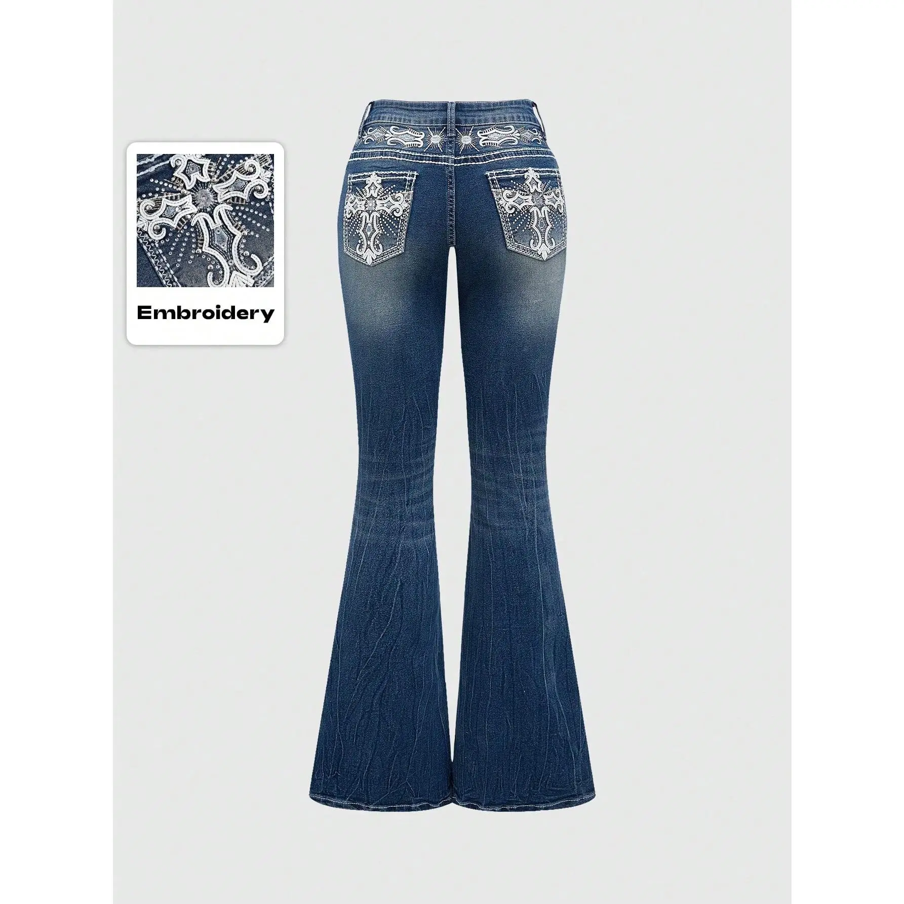 Women's Y2K Vintage Millennium Pocket Denim Jeans Cross Wings Embroidery Slim Flared Low Waist Jeans