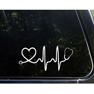 Stethoscope Big Heart - 8" x 3 3/4" - Vinyl Die Cut Decal/Bumper Sticker for Windows, Trucks, Cars, Laptops, Macbooks, Etc.