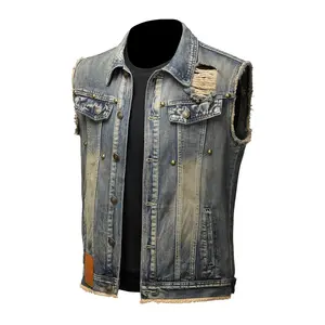 Men's Vintage Washed Denim Vest, Retro Distressed Biker Jean Waistcoat, Classic Trucker Waistcoat with Shoulder Stitching, Casual Button-Down Motorcycle Denim Vest for Men, Fashion Streetwear Denim Vest for Daily Wear, Riding, Outdoor