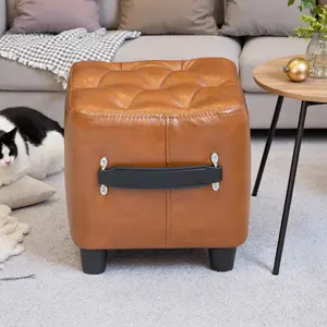 High-quality oil-wax genuine leather low foot stool/soft cushion foot stool, fashionable multi-functional sofa side stool, shoe-changing stool, suitable for living room, corridor, entrance, bedroom, all for changing shoes and resting feet