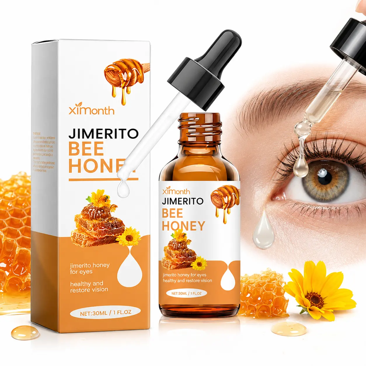Fragrance-Free Brightening Natural Jimerito Honey Extract Eye Drops - Gentle Daily Hydrating Treatment for Dry Eyes with Dropper, Soothing Relief, Vision Support (1 fl oz, Single Item), None, All Skin Types, 30Ml, Moisture Booster Eye Treatments
