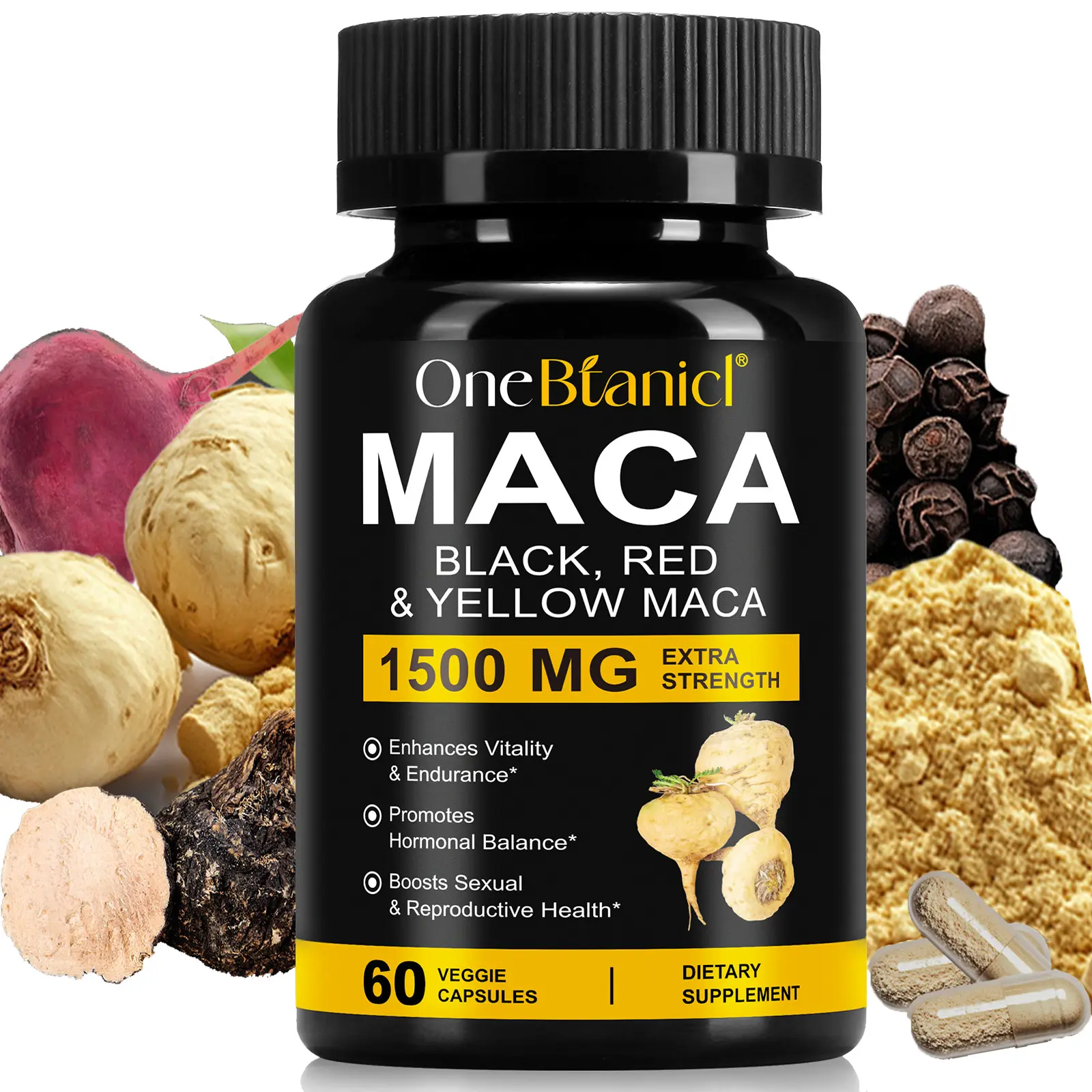 【NEW】Triple Maca Complex Vitamins Supplement - 1500mg 3-in-1 Black, Red & Yellow Maca Root Dietary Supplement for Energy, Hormone Support, Vegan, Men & Women, 60 Capsules (30-Day Daily Supplemental Nutrition Support), Hormone Support Vitamins Supplements