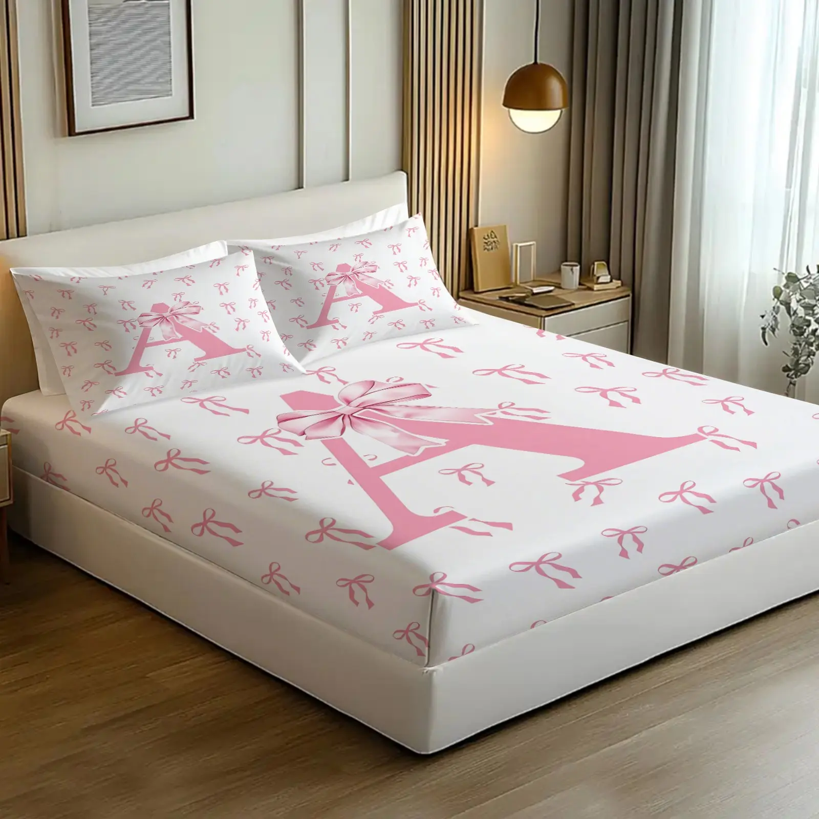 3PCS Coquette Pink Bow Monogram Letter A-Z Fitted Sheet Set, Preppy Girly Print Bed Sheet Set, No Fillers, Ideal For Teen Girls Bedroom, Dorm, Perfect Birthday And Back To School Gift,All Season, Bedsheet Sets
