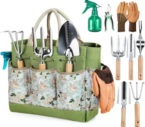 9 Piece Gardening Tools Set Heavy Duty Garden Hand Tools with Organizer Handbag, Rust Proof Gardening Tool Kit, Durable Yard Tools for Planting Weeding Pruning, Gardening Gifts for Women and Men