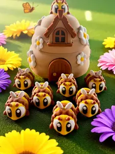 Bumblebee Flexi Articulated Bumble Bees & Hive Playset, Cute Sensory Desk Pet Gift, Fairy Garden Decor