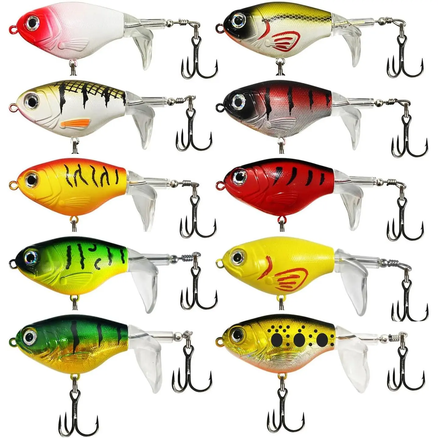 10Pcs Floating Popping Whopper Fishing Lures, Rotating Tail Bass Bait with Treble Hooks, Saltwater Freshwater Fishing Accessories fishhooks Fishing stuff ￼bait lureID fishing bundle