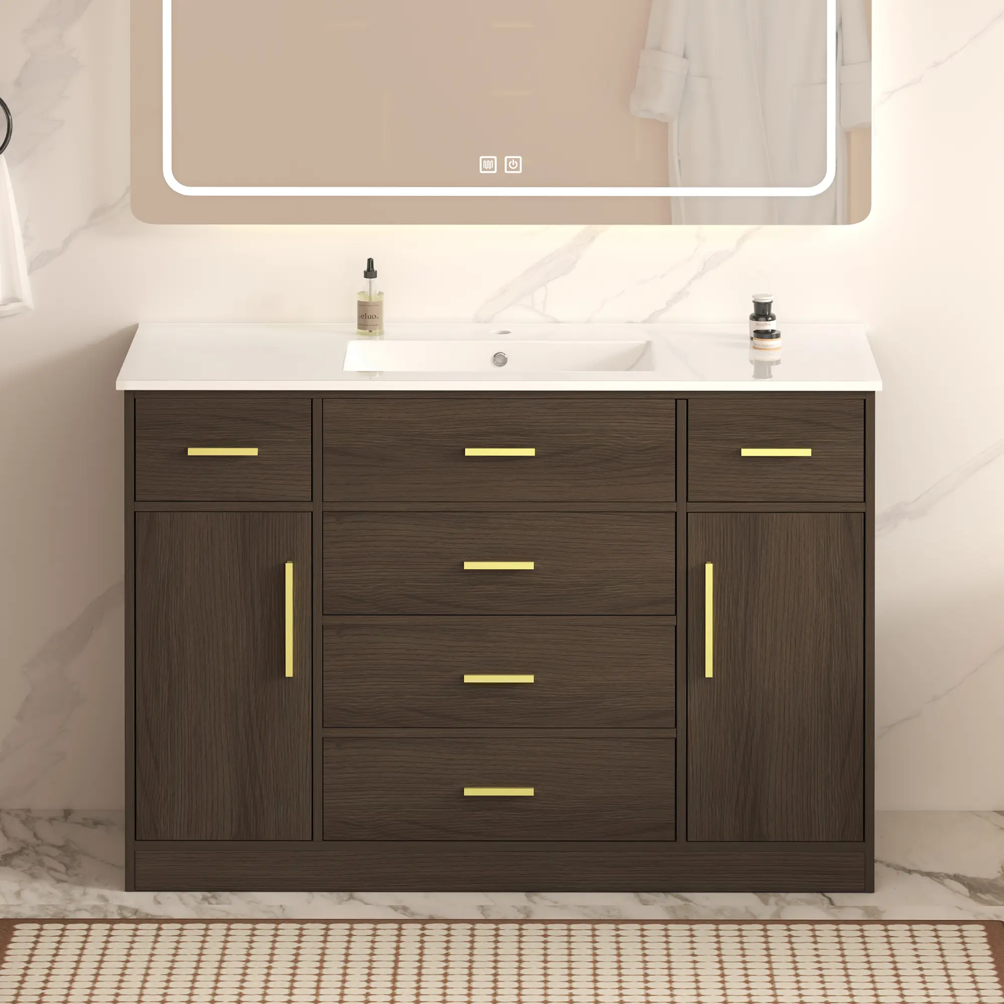 48" Modern Freestanding Wood Vanity Cabinet with Sink, Tilt-Out Drawer, 2 Soft-Close Doors, 6 Spacious Wide Countertop, Family-Friendly Storage, Gold Handles, Dark Brown - MDF Wood Drawer-Equipped Flat Top Floor Cabinet