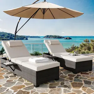 2‑Piece Outdoor Chaise Lounge Set, weather‑resistant PE rattan recliners with 5‑level adjustable backrest and soft cushions for poolside backyard use