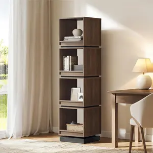 ModernMate 4-Tier Rotating Wood Bookshelf Tower - 360° Spinning Tall Narrow Geometric Storage Organizer with Wood Finish, Stylish Room Decor for Living Room, Home Office, Rotating Bookshelf