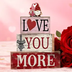 4pcs Valentine's Day Wooden Centerpiece Decorations, Room Decoration Ornaments, I LOVE YOU MORE Tabletop Home Decoration, Vintage Distressed Centerpiece, Farmhouse style Multi tiered Tray Decoration, Home Desktop Shelf Decoration