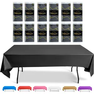 Black Plastic Tablecloth For Parties Disposable, Pack of 12, Thick black plastic table cloths Good for Wedding, Birthday, Picnic, Camping, BBQ, black plastic tablecloth with 12 Clips - 54x108-inch