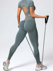 Women's Two-Piece Gym Set, Long Sleeve Top & High Waist Pants, Suitable for Gym & Yoga, Sporty Ruched Backless Design, Gym Yoga Clothing, Yoga Clothes Set