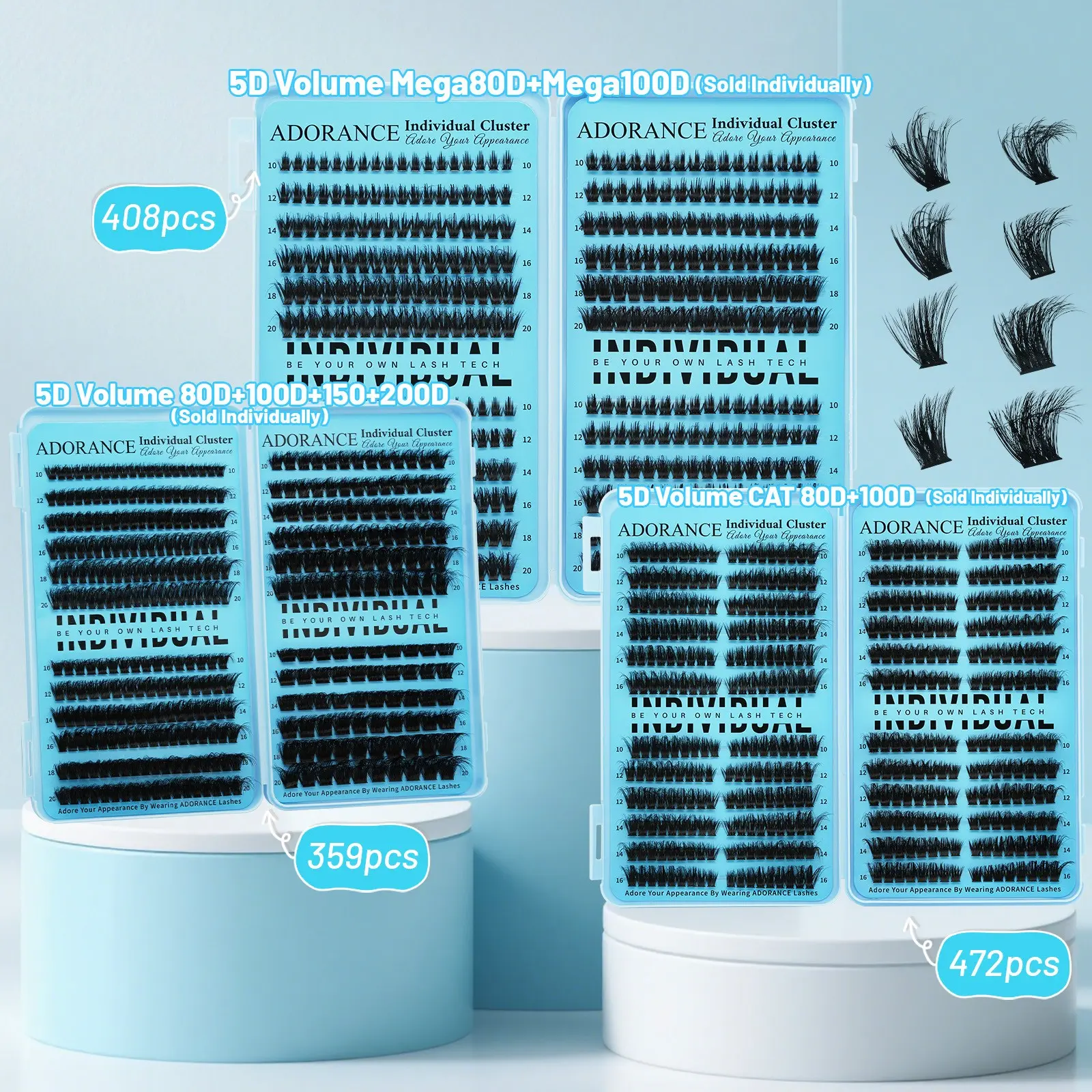 ADORANCE Lash Clusters Mixed Length, 408/359/472 PCS D Curl Volume False Eyelashes Individual Lashes, Fluffy Wispy Cluster Eyelash Extensions for Daily DIY Application