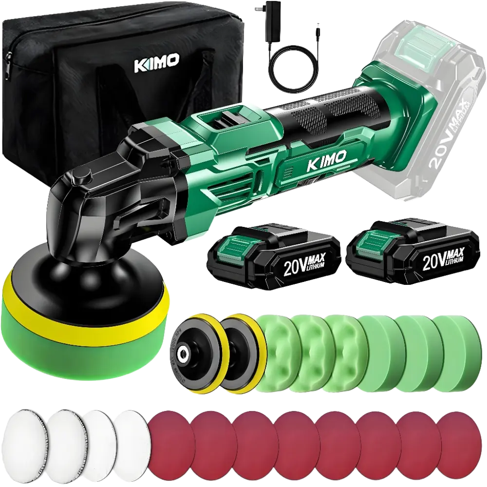 KIMO 20V Cordless Buffer Polisher Kit - 24Pcs w/Microfiber & Wave Foam Pads, Sandpapers | 6-Speed (3634 RPM) Portable Power Tool | Includes 2x2000mAh Lithium Batteries for Car Detailing, Waxing, Scratch Removal