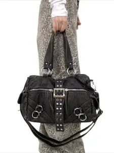 Ladies' retro vegan motorcycle tote bag, Fashionable shoulder bag, featuring a wasteland style front pocket, soft shoulder bag with detachable shoulder strap, large capacity bag, street Y2K handbag, rivet design, suitable for daily commuting