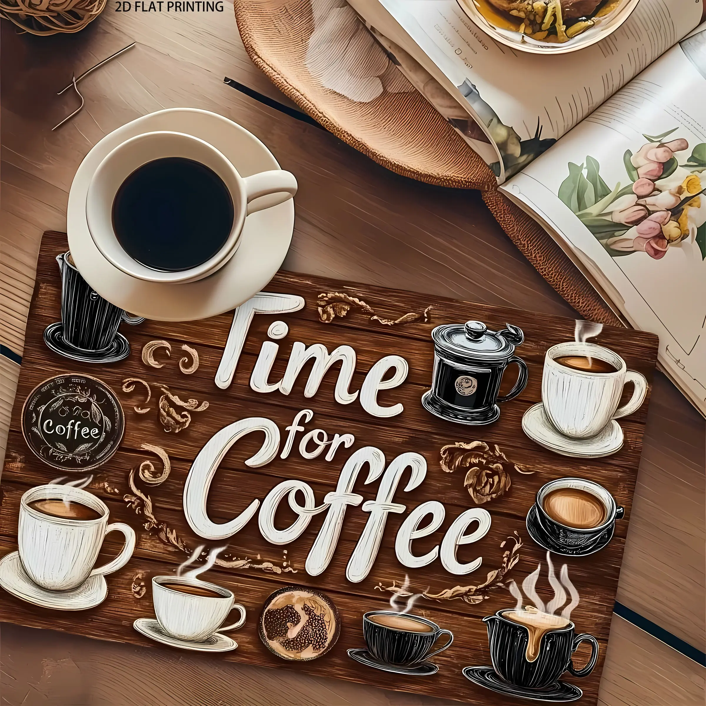2D flat printing, 2-piece/4-piece/6-piece/8-piece set mat, Coffee Table Mat, fashionable coffee themed linen placemat, ideal choice for coffee enthusiasts and holiday gatherings, machine washable