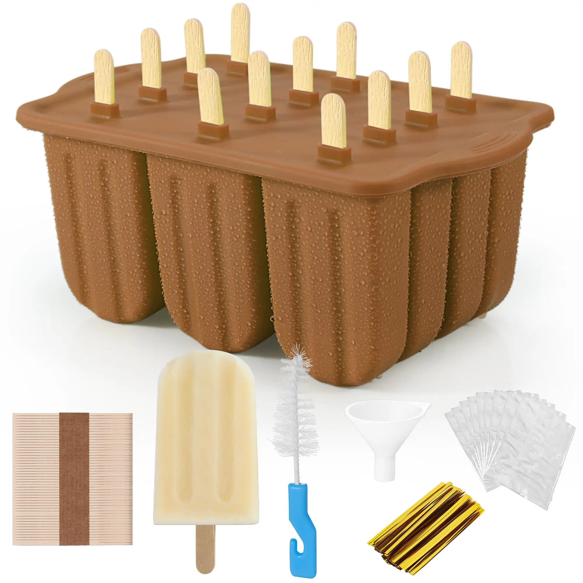 Silicone Ice Cream Mold Set, 12-grid Ice Cream Mold with Wood Popsicle Sticks, Bags, Funnel and Brush, Summer Ice Cream Making Tool for Home Kitchen,