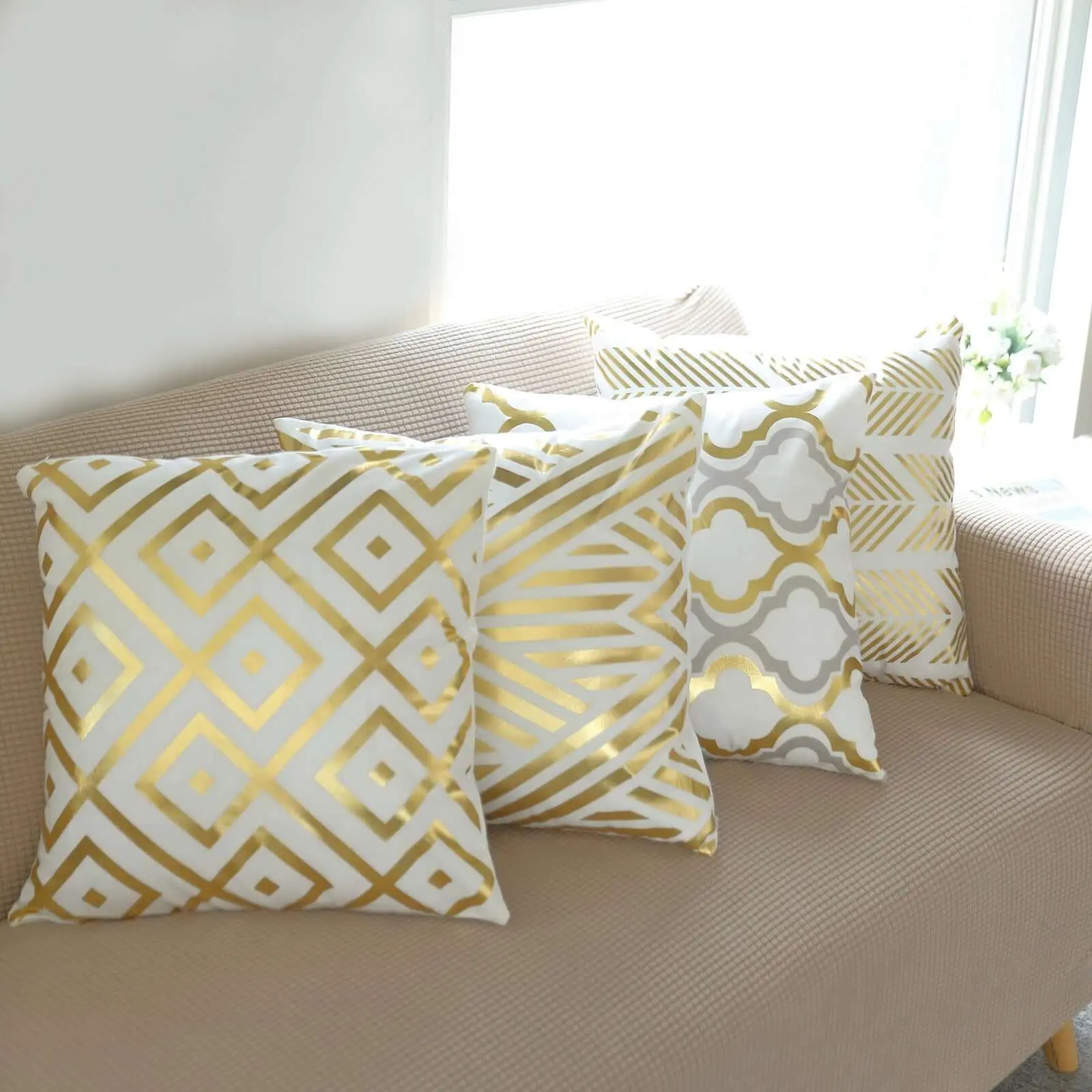 Set of 4 18" White Gold Foil Geometric Print Velvet Fabric Square Throw Pillow Covers - Couch, Recliners, Bed Cushion Covers for Home Decor, Wedding & Festive Party Supplies, Outdoors Use