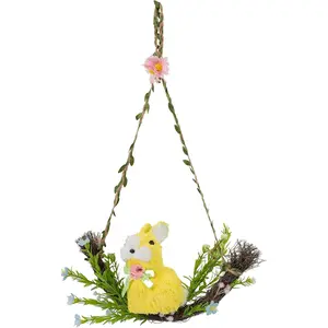 -Easter Bunny Basket Decoration with , Woven Jute Basket with Handle, Spring Decor with Pastel Eggs (D)