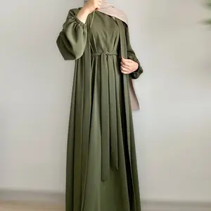 MOA092 Solid Color Elegant Open Abaya with Pockets 3-Piece Set for Women Breathable Fabric Full Length Jilbab Summer Outfits Modern Midi