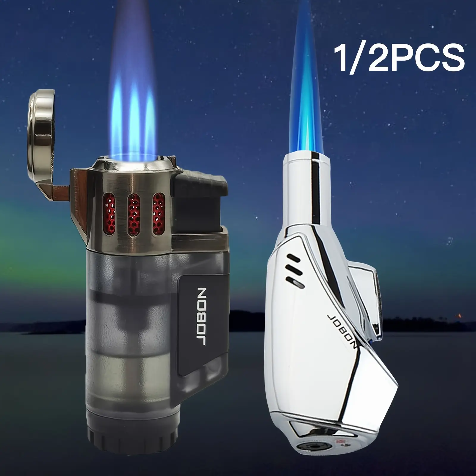 JOBON 2pcs High-Temperature Torch Lighters Set - Refillable, Adjustable Flame for BBQ, Outdoor Cooking, Candle Lighting And Projects, Heat-Resistant And Protective, Gift Box Packaging in Black And Silver (Gas Not Included)