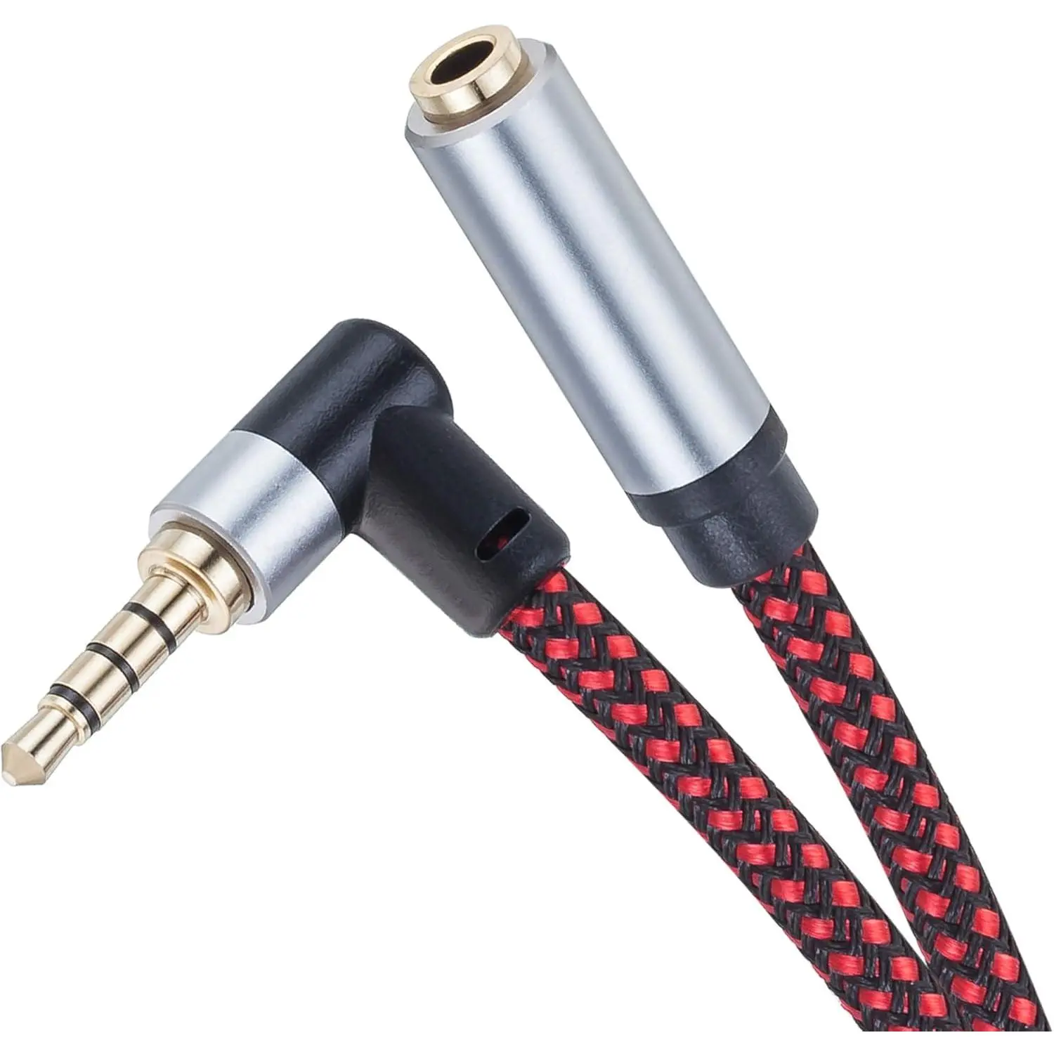 3Ft 90-Degree TRRS 3.5mm Stereo Aux Audio Mic Extension Cable, 4-Pole Male to Female Alloy Connector Braided Cord, Audio Accessory for Phones, Laptops