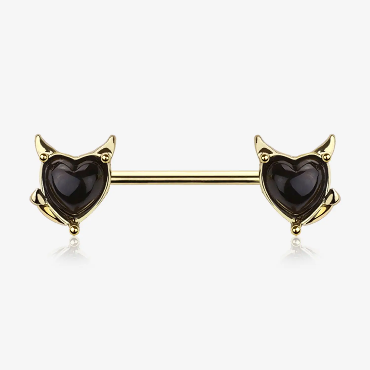 A Pair of Golden Devil Heart Sparkle Nipple Barbell Transverse Lobe Stainless Steel