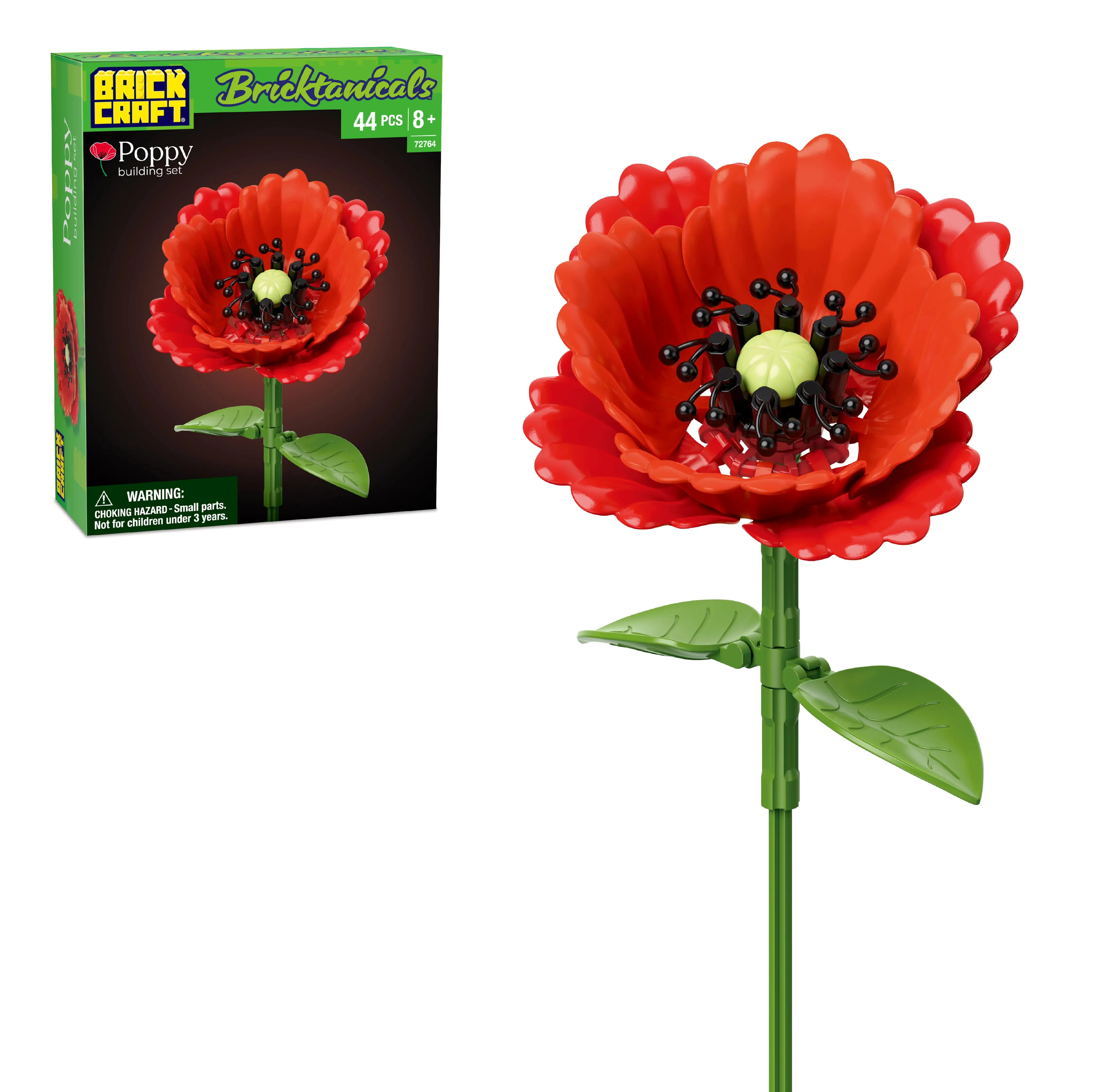Brickcraft Bricktanicals Poppy Flower Building Set, 44-Piece Collectible Model Kit for Adults & Teens 8+