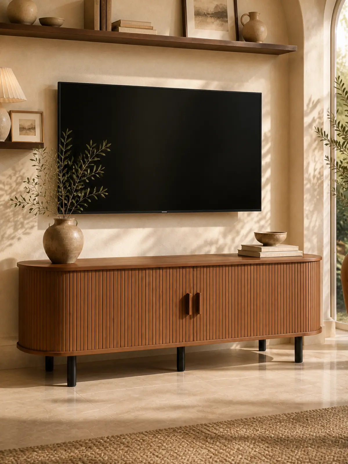 【Sliding Doors Design】ONBRILL 55"/63"/71"/86" Gorgeous Fluted TV Stand for TVs up to 60/70 Inch, Modern Entertainment Center with Power Outlet & Adjustable Shelves Storage for Living Room, Media Console,Bedroom Furniture,Christmas Gift【BackToSchool】