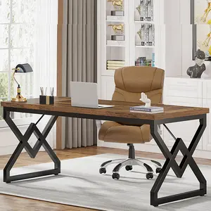 LITTLE TREE 63" Large Industrial Executive Desk with Extra Thickened Tabletop & Metal Frame, Heavy-Duty 300 lb Capacity Home Office Desk for Study Room, Dorm, Bedroom