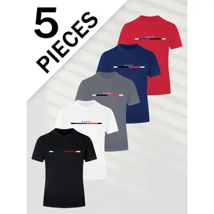 5-piece men's daily casual short-sleeved crew neck T-shirt, breathable and lightweight, Outdoorfun,suitable for summer sports and leisure wear, outdoor clothing, comfortable and breathable stretch fabric men's tops