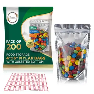 BELLE KR 4x6 Mylar Bags for Food Storage with 7.5mil Thickness - Pack Of 200 Stand Up Clear Mylar Bags with See Through Window.