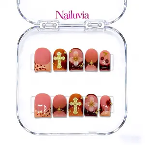 (C036) Nailuvia Short Square Press-On Nails, Amber Gradient with 3D Gold Cross & Floral Accent, Handmade Reusable Fake Nails, 10 Pcs/Set