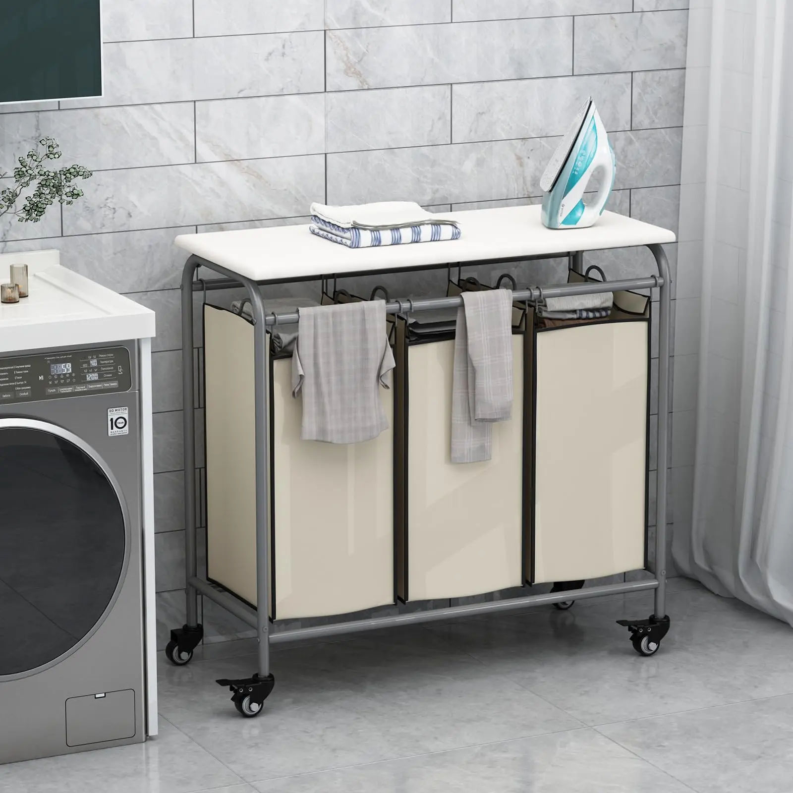 3-Compartment Heavy-Duty Laundry Sorter Cart w/ Lockable Wheels, Ironing Board, & Removable Bags for Easy Sorting & Storage Deals For You Days