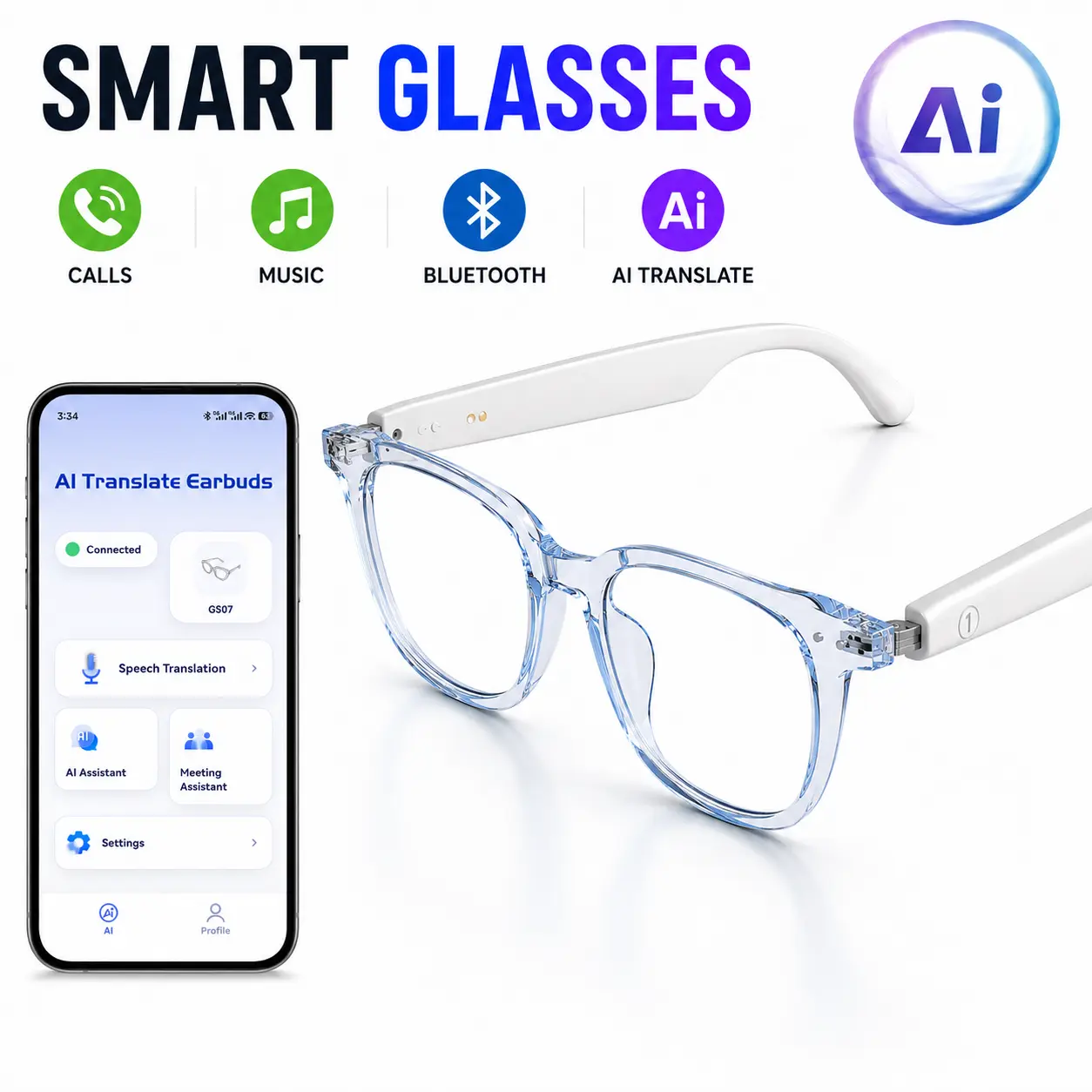 Smart Bluetooth Glasses with Photochromic Lenses, UV400 Polarized, Built-in Speakers & Mic, Voice Assistant Support, Wired Magnetic Charging, 27g Ultra Lightweight