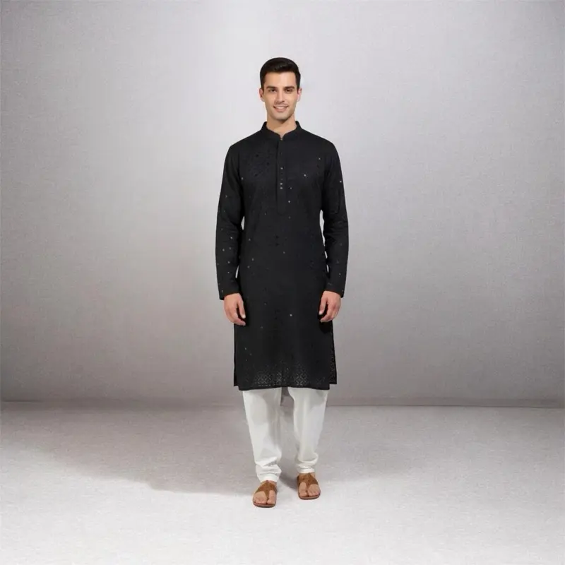 Men's Plus Size Collared Chikankari Kurta Set - White Embroidered Top & Matching Bottoms, All-Season Casual Clothes for Comfortable Menswear Special Occasions
