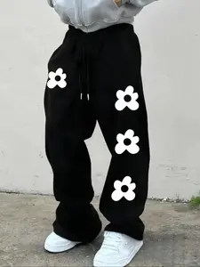 Men's Casual Sporty Long Pants, Small Flower Pattern Print, Drawstring Wide Leg, Loose-Fitting, All Seasons Wear, Men's Fashion Pants