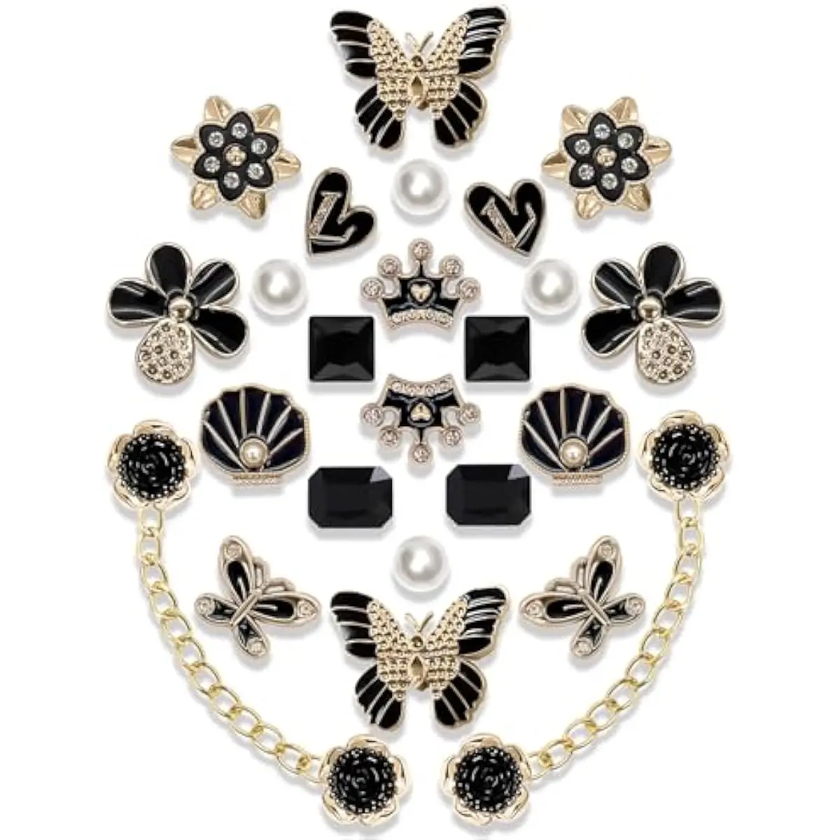 24pcs Plastic Bling Shoe Charms Set –Pearl, Butterfly, Flower & Chain Decorations for Clogs & Sandals – Cute Accessories for Women & Girls Gift