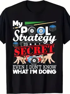 Men's Funny 8 Ball Pool Billiards T-Shirt - Retro "My Pool Strategy Is Secret" Graphic Tee with 8-Ball Design, Casual Short Sleeve Shirt for Billiard Players & Casual Attire