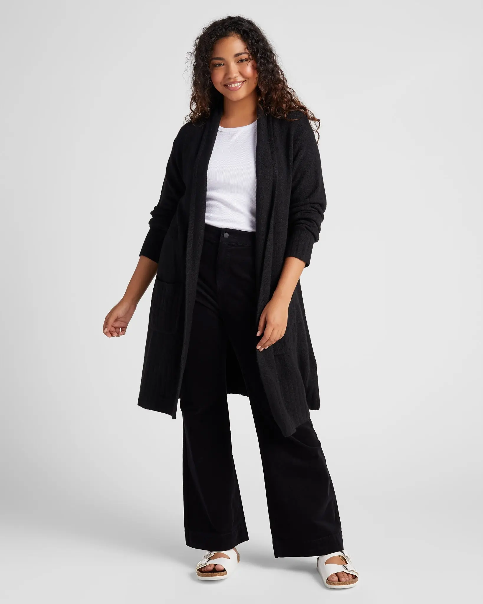 Women's Plus Size Knit Fabric Cardigan - Casual Long Sleeve Open-Front Knee-Length Wrap Sweater with Chic Pockets, Elegant Tops for Casual Wear