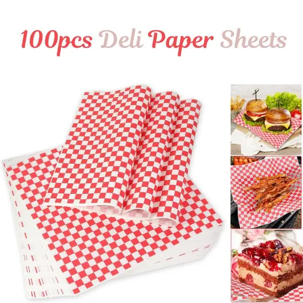 100 Pack Deli Paper Sheets 12 x 12 Inch, Grease Resistant Food Basket Liners, Checkered Wax Paper Sandwich Wrapping Paper for Burgers, Fries, BBQ, Picnic, Food Trucks, Parties & Restaurants