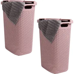 Slim Laundry Hamper with Lid, 60L Tall Clothes Basket, Tapered for Bathrooms, Closets and Laundry Rooms,, 2 Pack, Pink