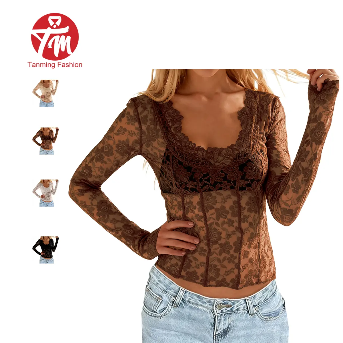 Tanming Women's Basic Nylon Mesh Blouse - Casual Longsleeves, Sheer, Slim-Fitted, Lace-Detailed Top for Spring Summer Outfits #SpringStatements