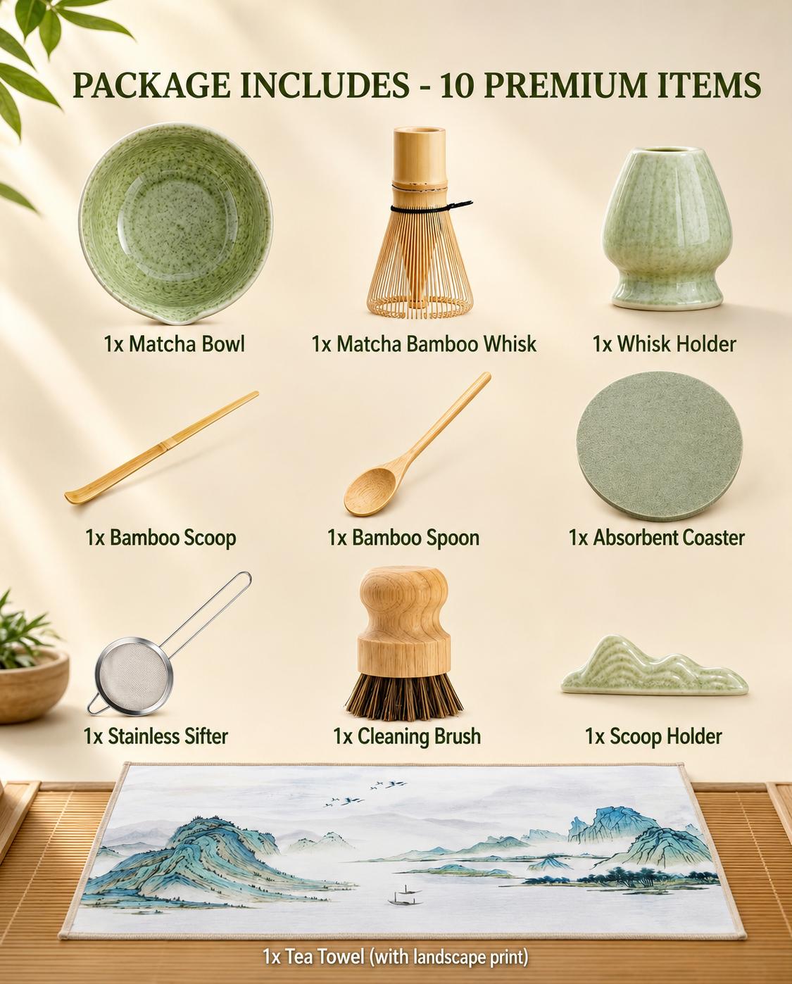 10-Pieces Bamboo Matcha Whisk Set - 450ml Matcha Bowl, Whisk Holder, Scoop, Spoon, Sifter, Scoop Holder, Silicone Coaster, Tea Brush, Cleaning Cloth (Kitchenware Tea-Making Tools for Enthusiasts)