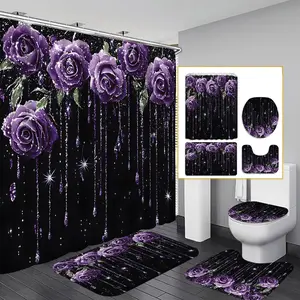 1pc/4pcs 2D Flat Purple Rose Pattern Multi-Color Background Floral Shower Curtain, Modern and Personalized Home Bathroom Art Decoration, Shower Curtain Set with 12 Hooks, Bathroom Non-Slip Mat, Toilet Seat Cover, Holiday Decoration